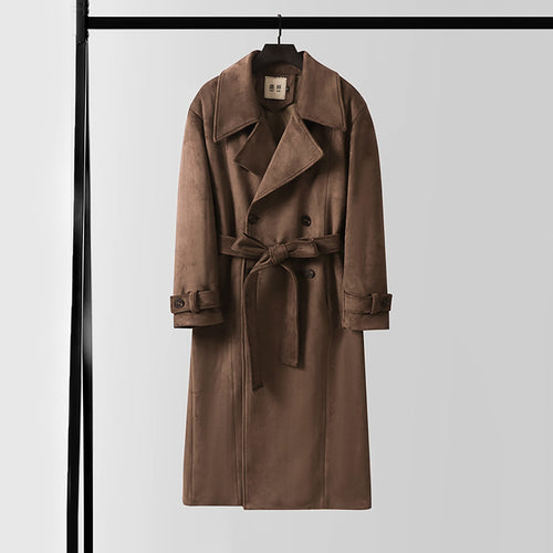 Herren Maxilanger Velours-Mantel im Trench-Look mit breitem Revers und Bindegürtel Nord Taschen