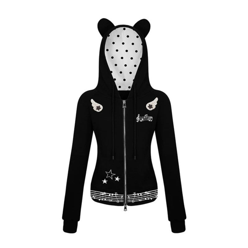 Damen Kapuzen-Sweatjacke mit Bärenohren, Reißverschluss, musikalischem Print und Polka-Lining Nord Taschen