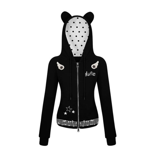 Damen Kapuzen-Sweatjacke mit Bärenohren, Reißverschluss, musikalischem Print und Polka-Lining Nord Taschen