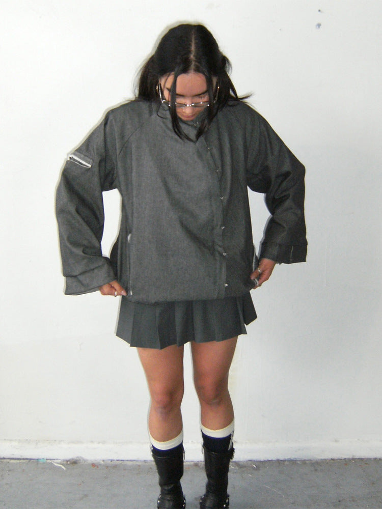 Damen Oversize-Boxy-Jacke mit asymmetrischem Druckknopfverschluss und Ärmeltasche Nord Taschen