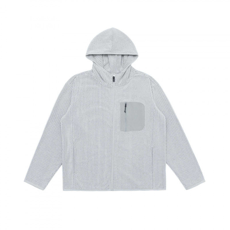 Unisex Kapuzen-Fleecejacke mit durchgehendem Reißverschluss, Strukturstrick und Brust-Reißverschlusstasche Nord Taschen