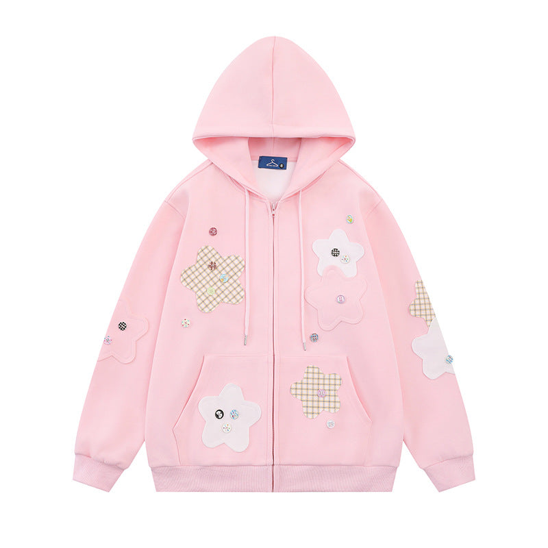 Damen Oversize-Zip-Hoodie mit floralen Stern-Applikationen und Knopf-Details Nord Taschen