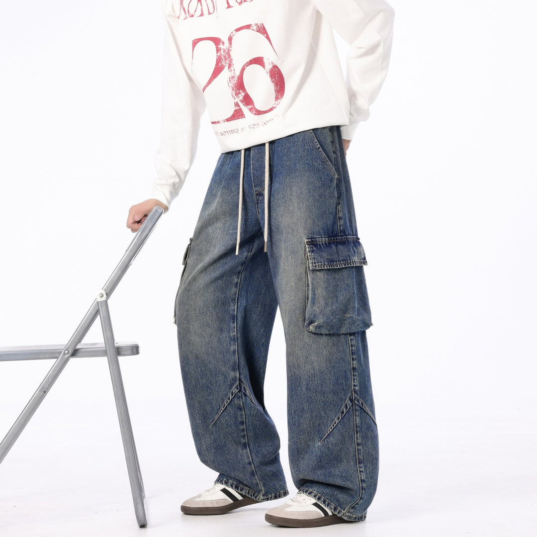 Herren Weite Cargo-Denimhose mit Tunnelzug, Used‑Waschung und Oversize‑Passform Nord Taschen