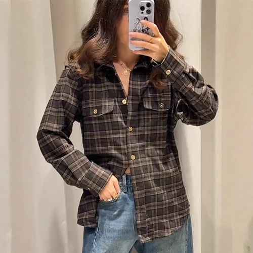 Damen Kariertes Overshirt mit Brusttaschen und goldenen Druckknöpfen Nord Taschen