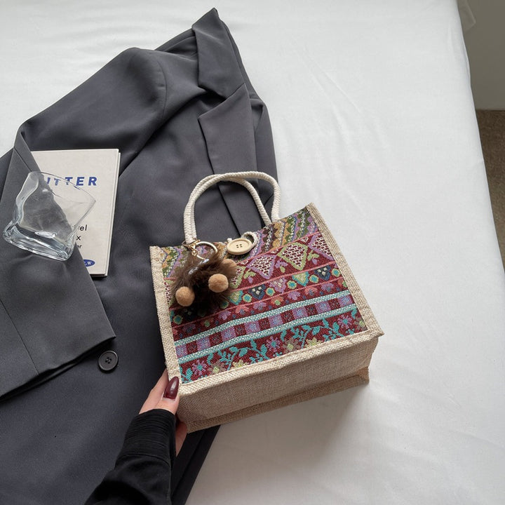 Damen Jute-Handtasche mit handgewebtem Ethnodruck Nord Taschen