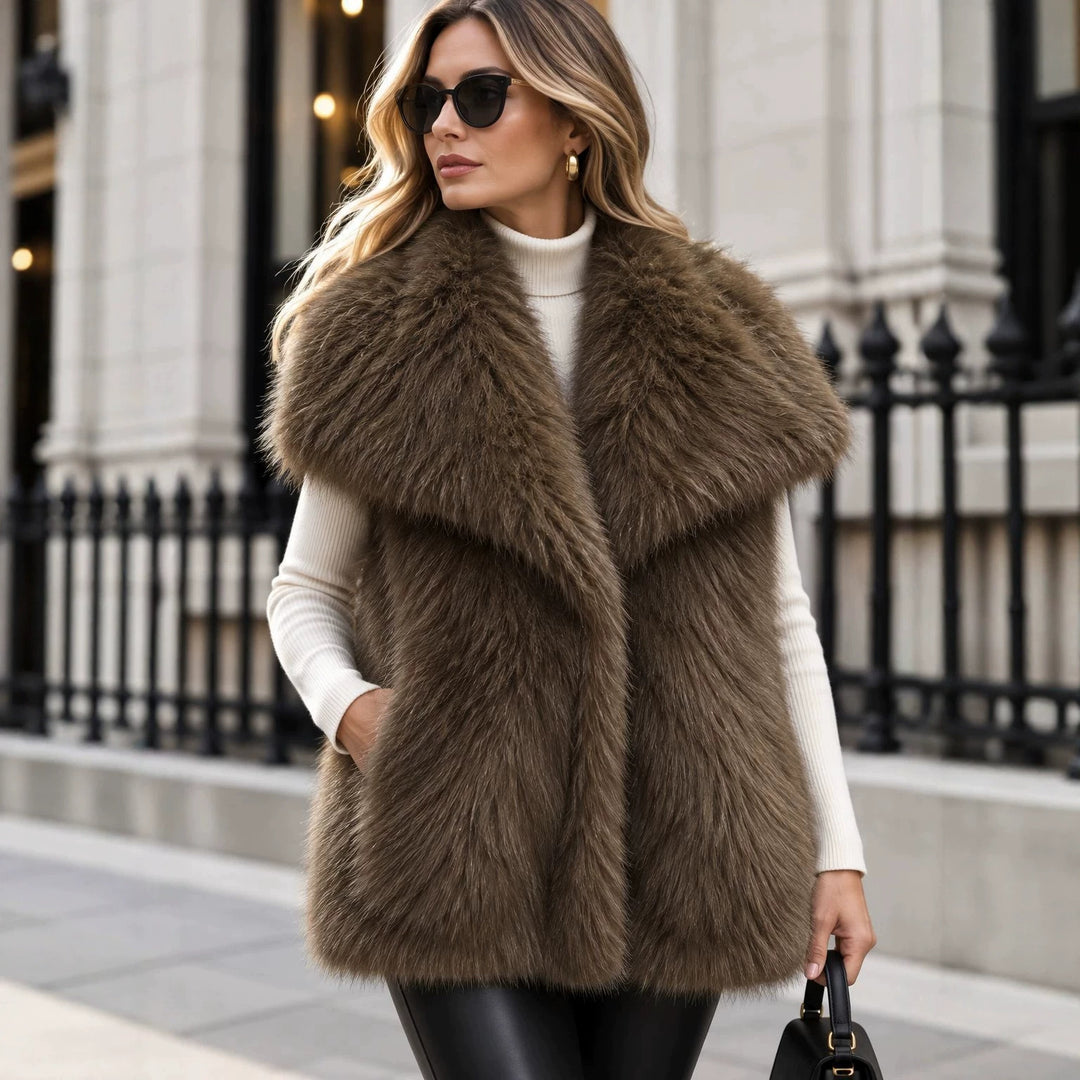 Damen Ärmellose Luxus‑Faux‑Fur‑Weste mit extraweichem Langflor und übergroßem Schalkragen Nord Taschen