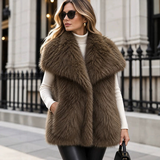 Damen Ärmellose Luxus‑Faux‑Fur‑Weste mit extraweichem Langflor und übergroßem Schalkragen Nord Taschen