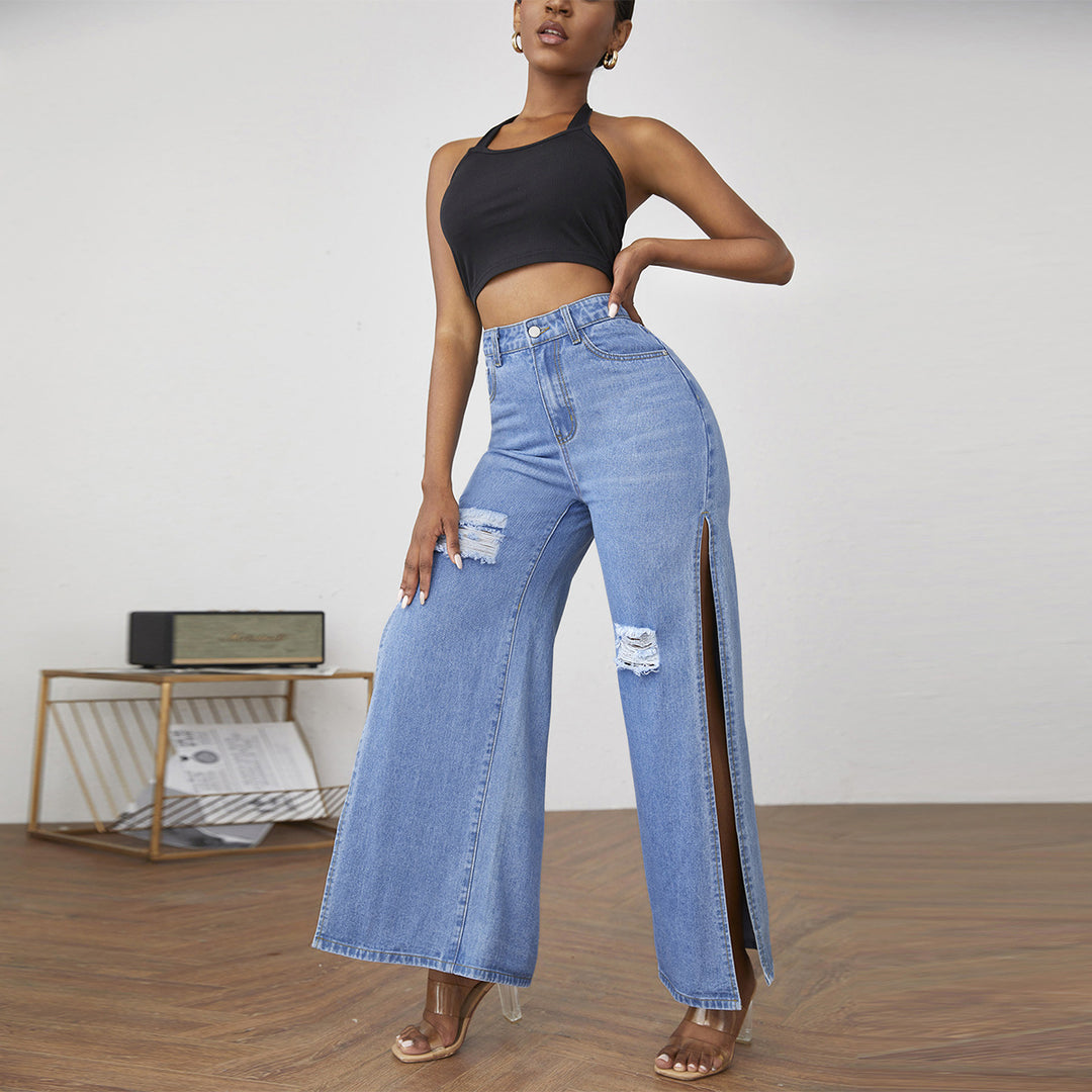 Damen weite High-Waist Denim-Jeanshose mit seitlichen Beinschlitzen und Destroyed-Kniepartien Nord Taschen