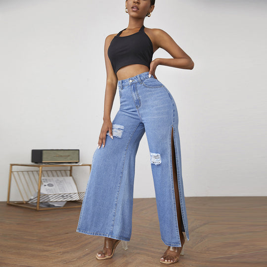 Damen weite High-Waist Denim-Jeanshose mit seitlichen Beinschlitzen und Destroyed-Kniepartien Nord Taschen