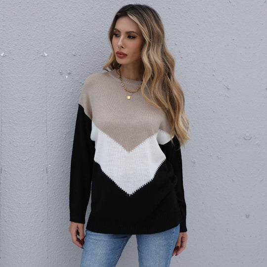 Damen Oversize-Feinstrickpullover mit Chevron-Colorblock und Rundhalsausschnitt Nord Taschen