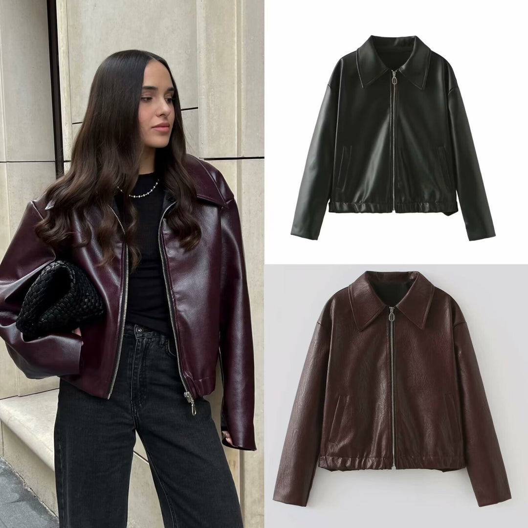 Damen 500+ leichte oversize Kunstleder‑Blousonjacke mit Hemdkragen, Reißverschluss und elastischem Saum Nord Taschen