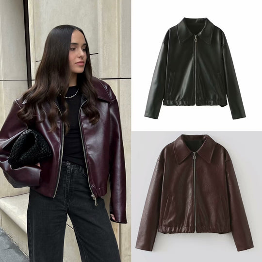 Damen 500+ leichte oversize Kunstleder‑Blousonjacke mit Hemdkragen, Reißverschluss und elastischem Saum Nord Taschen