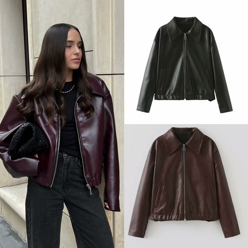 Damen 500+ leichte oversize Kunstleder‑Blousonjacke mit Hemdkragen, Reißverschluss und elastischem Saum Nord Taschen