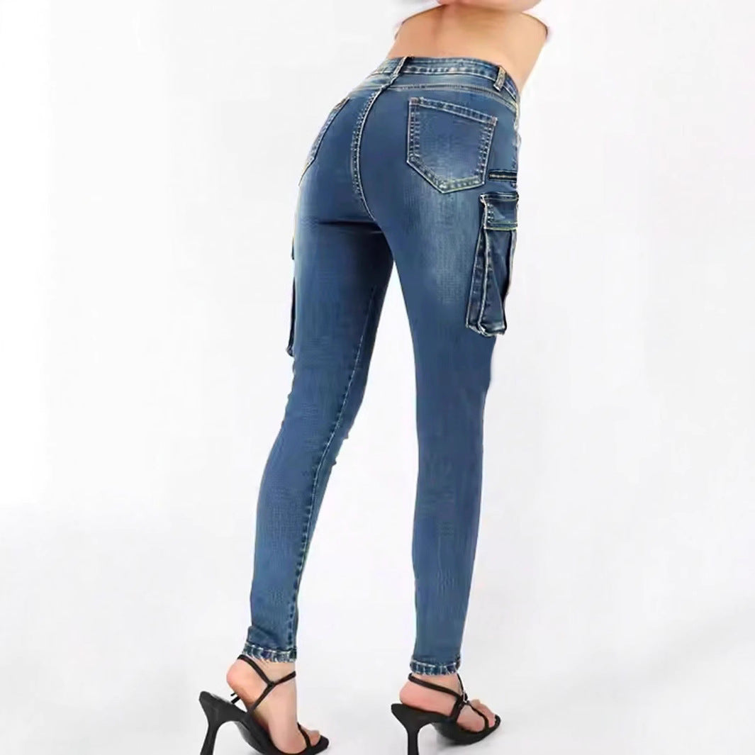 Damen High‑Waist Slim‑Cargo‑Jeans mit Klappentaschen und Reißverschluss-Details Nord Taschen