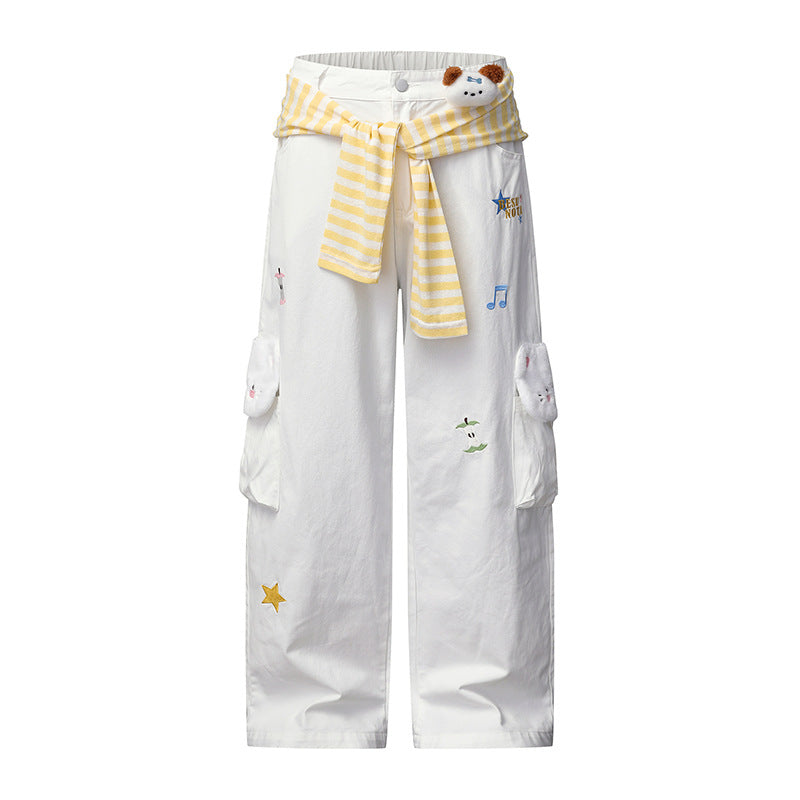 Damen Weiter Cargo-Jeans mit Plüschtaschen, Stickereien und elastischem Bund Nord Taschen