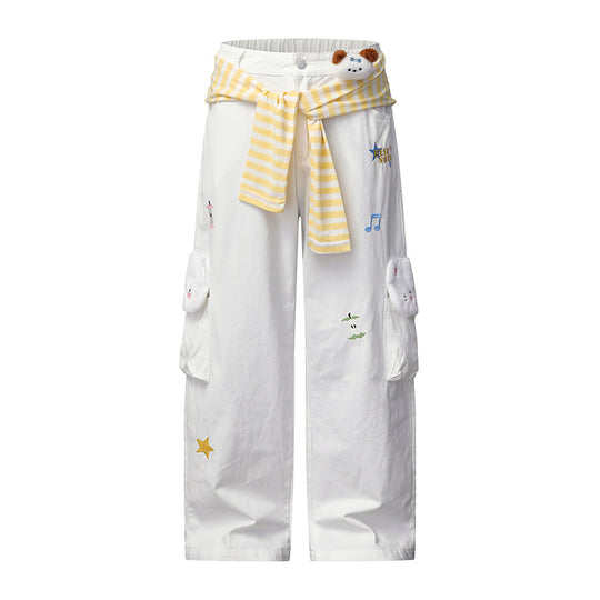 Damen Weiter Cargo-Jeans mit Plüschtaschen, Stickereien und elastischem Bund Nord Taschen