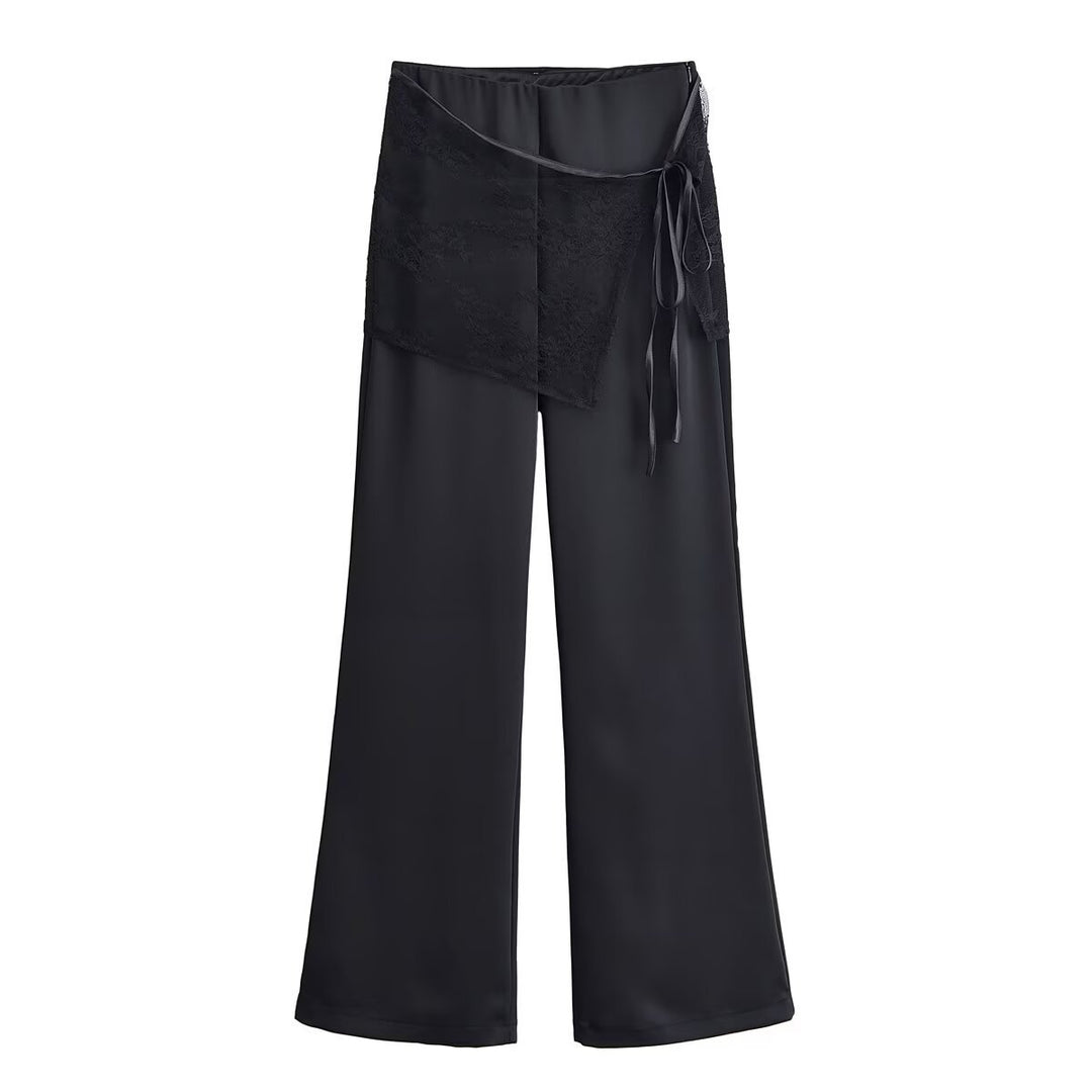 Damen weite Satinhose mit Spitzen‑Überwurf und Bindegürtel Nord Taschen