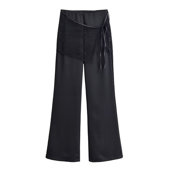 Damen weite Satinhose mit Spitzen‑Überwurf und Bindegürtel Nord Taschen
