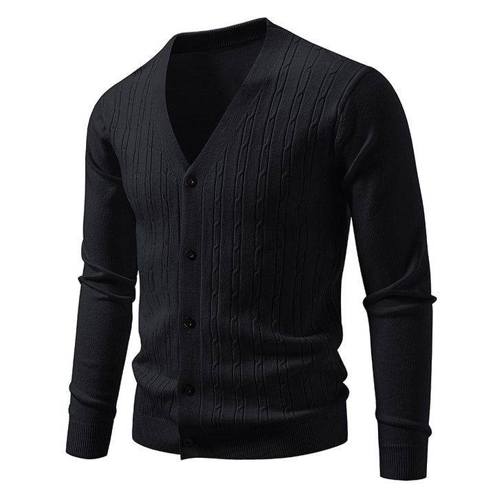 Herren Feinstrick-Cardigan mit tiefem V-Ausschnitt schmaler Passform und vertikalem Zopfstrick Nord Taschen