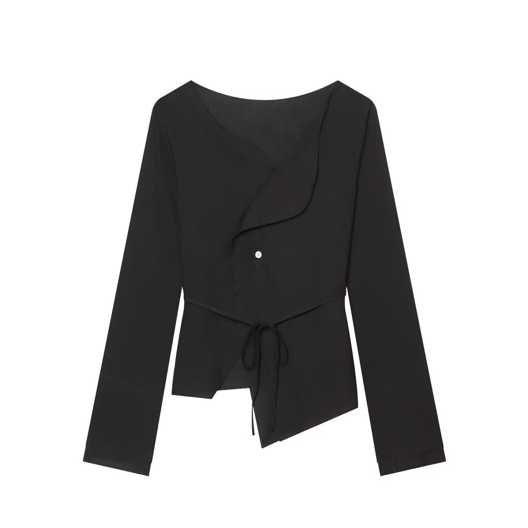 Damen Asymmetrische Wickelbluse mit Volantkante und Taillengürtel Nord Taschen