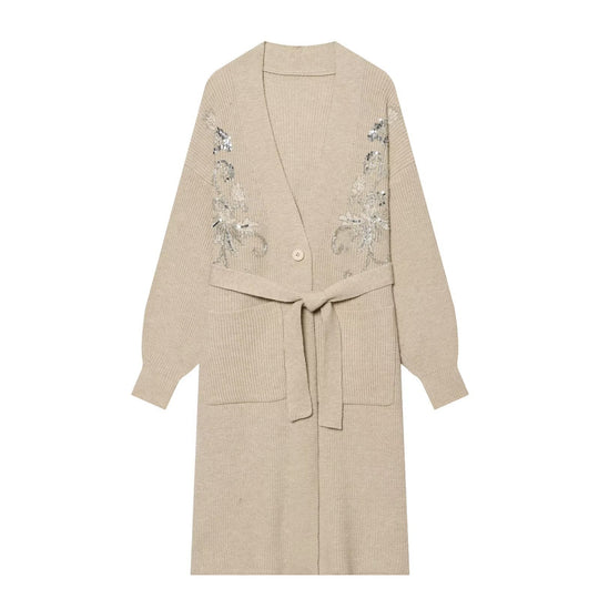 Damen Langer Strickcardigan mit Taillengürtel und Pailletten‑Stickerei Nord Taschen