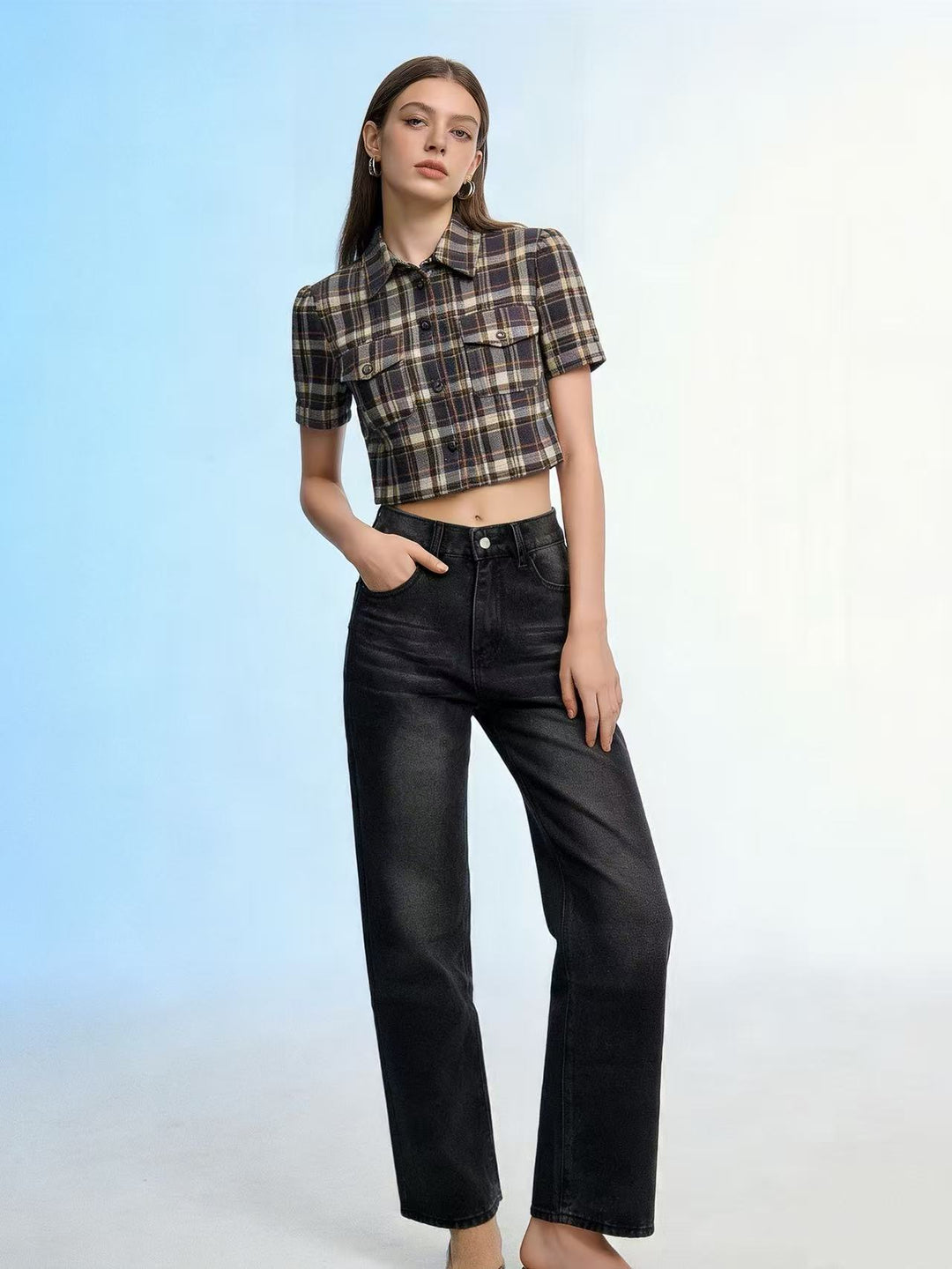 Damen hochgeschnittene Jeans mit schmaler Hüftpassform und weitem Schlag im Retro-Stil Nord Taschen