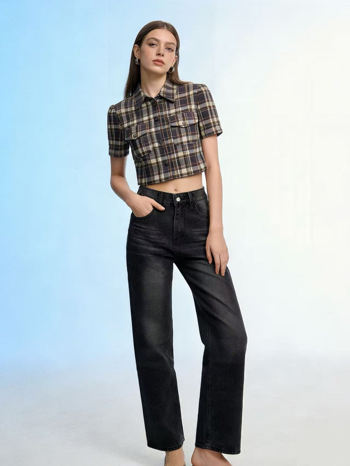 Damen hochgeschnittene Jeans mit schmaler Hüftpassform und weitem Schlag im Retro-Stil Nord Taschen