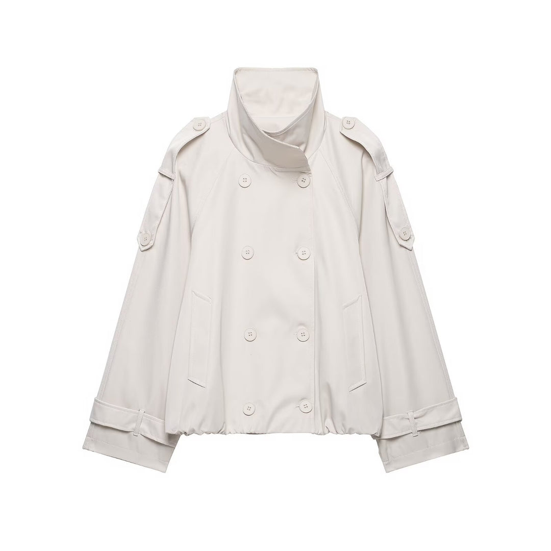 Damen Kurzgeschnittener Cape-Trench mit hohem Funnelkragen und doppelreihiger Knopfleiste Nord Taschen