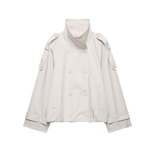 Damen Kurzgeschnittener Cape-Trench mit hohem Funnelkragen und doppelreihiger Knopfleiste Nord Taschen