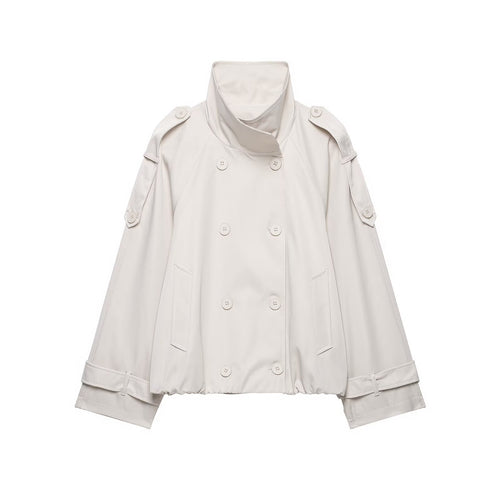 Damen Kurzgeschnittener Cape-Trench mit hohem Funnelkragen und doppelreihiger Knopfleiste Nord Taschen