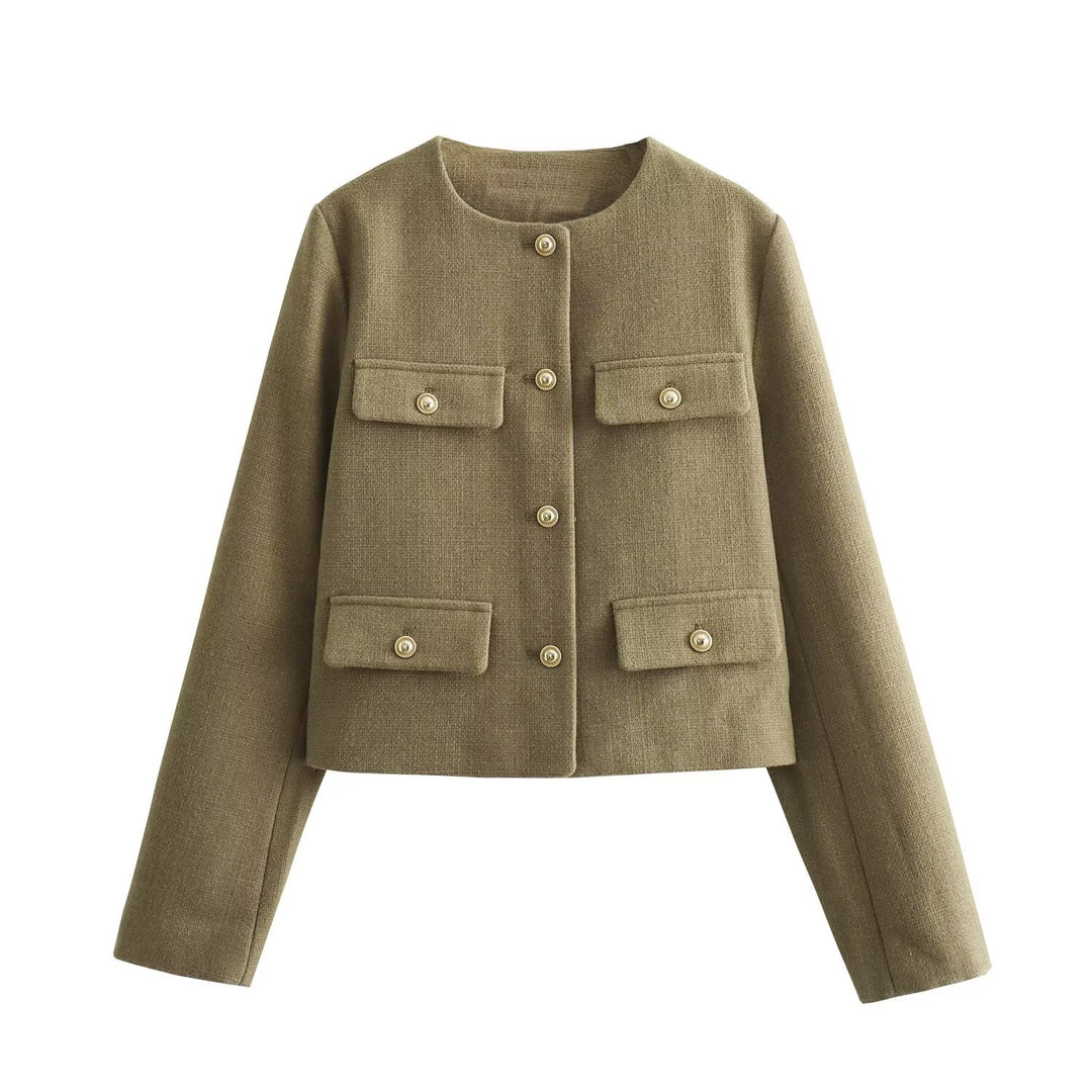Damen Bouclé-Cropped-Jacke mit vier Pattentaschen und goldenen Schmuckknöpfen Nord Taschen