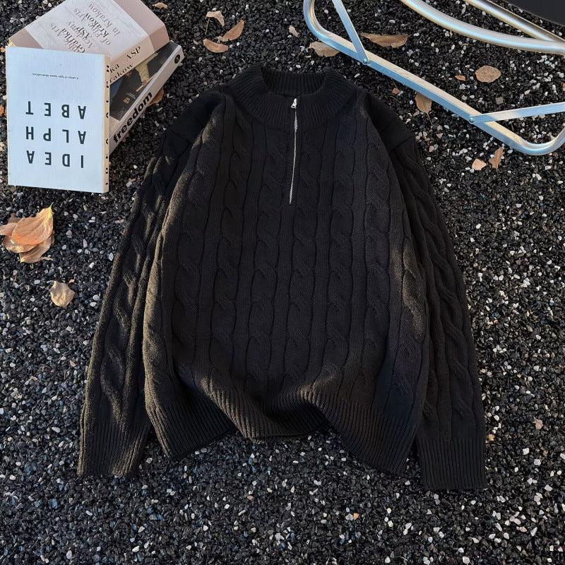 Unisex Oversize-Zopfmuster-Halbzip-Pullover mit extra hohem Rippkragen und schwerer Baumwollmischung Nord Taschen