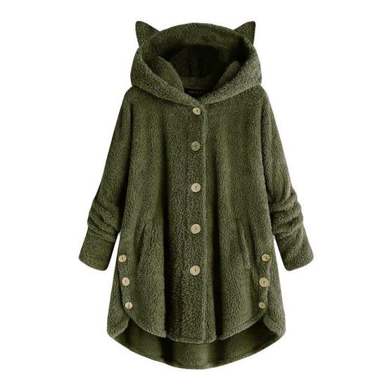Damen Kapuzen-Teddy-Mantel mit Katzenohren, Knopfleiste und asymmetrischem Saum Nord Taschen