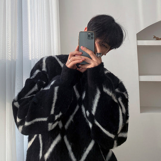 Herren Oversized Flauschiger Strickpullover mit Rautenmuster Nord Taschen