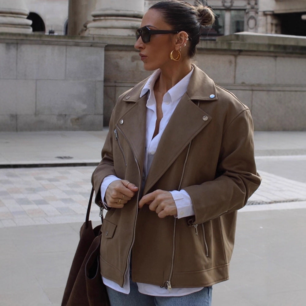 Damen Oversize-Bikerjacke aus Veloursimitat mit asymmetrischem Reißverschluss Nord Taschen