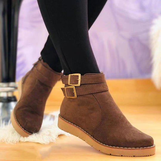 Damen Knöchelstiefel aus Veloursimitat mit Doppelriemen und flacher Keilsohle Nord Taschen