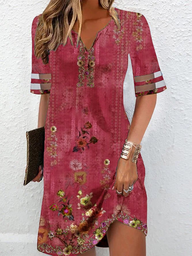 Damen kurzes Kleid mit floralem Muster und V-Ausschnitt Nord Taschen