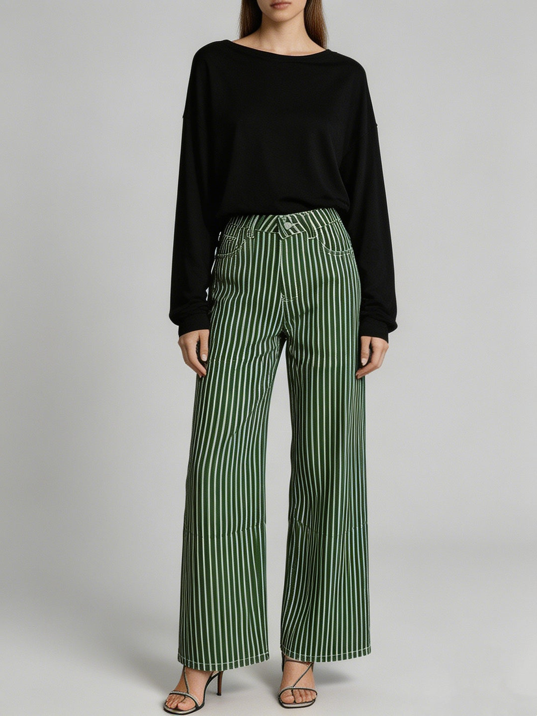 Damen weite High-Waist Palazzohose mit vertikalen Streifenoptik und abgesteppten Kniepartien Nord Taschen