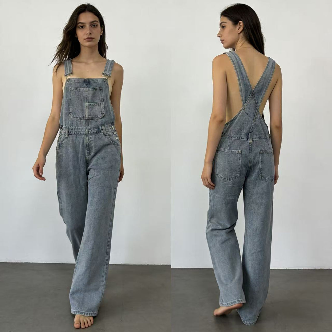 Damen weiche Denim-Latzhose mit weitem Bein, verstellbaren Trägern und Pattentasche Nord Taschen