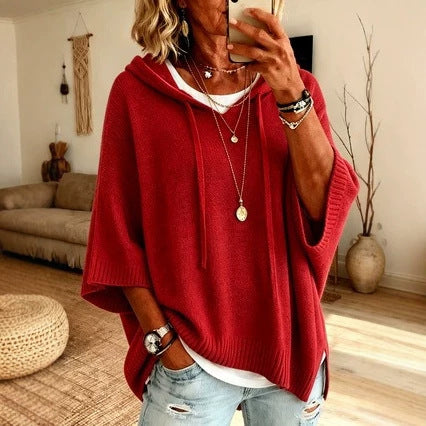 Damen Oversize Strick-Poncho mit Kapuze, Fledermausärmeln und Seitenschlitzen Nord Taschen