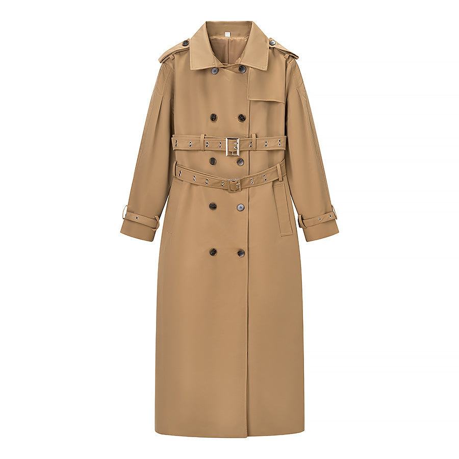 Damen Langer doppelreihiger Trenchcoat mit tailliertem Doppelgürtel, Ballonärmeln und Epauletten Nord Taschen