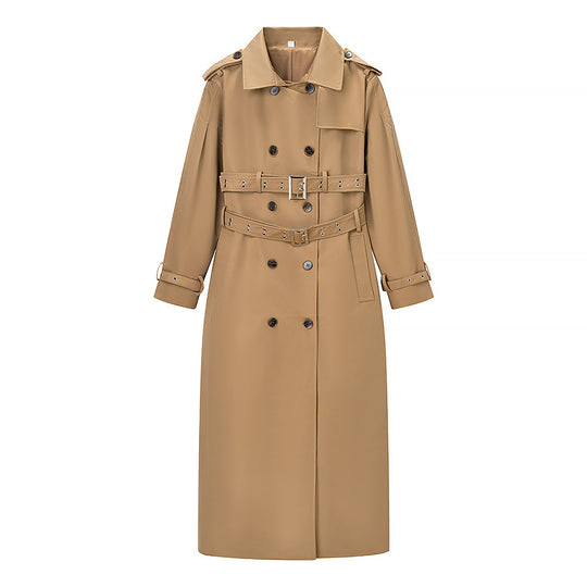 Damen Langer doppelreihiger Trenchcoat mit tailliertem Doppelgürtel, Ballonärmeln und Epauletten Nord Taschen