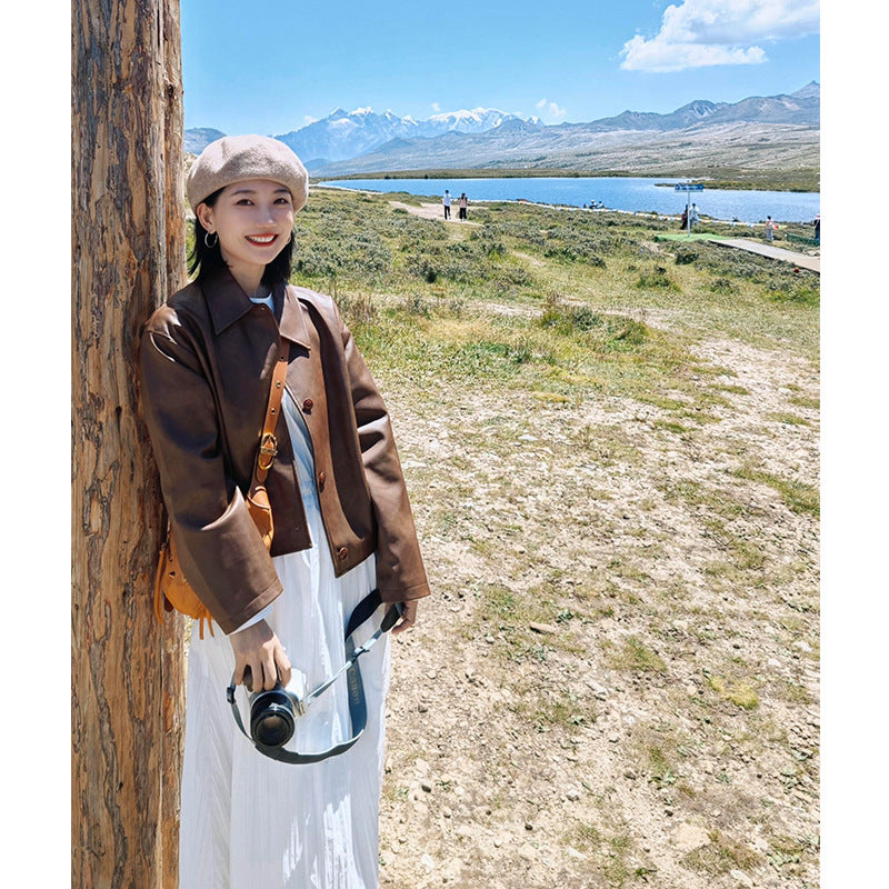 Damen Kurzjacke aus Lederimitat mit kastigem Schnitt und Hemdkragen Nord Taschen