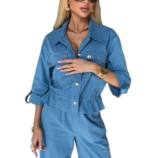Damen Zweiteiliges Utility-Hemdjacken- und Hochbundhosen-Set mit Kordelzug und goldenen Druckknöpfen Nord Taschen