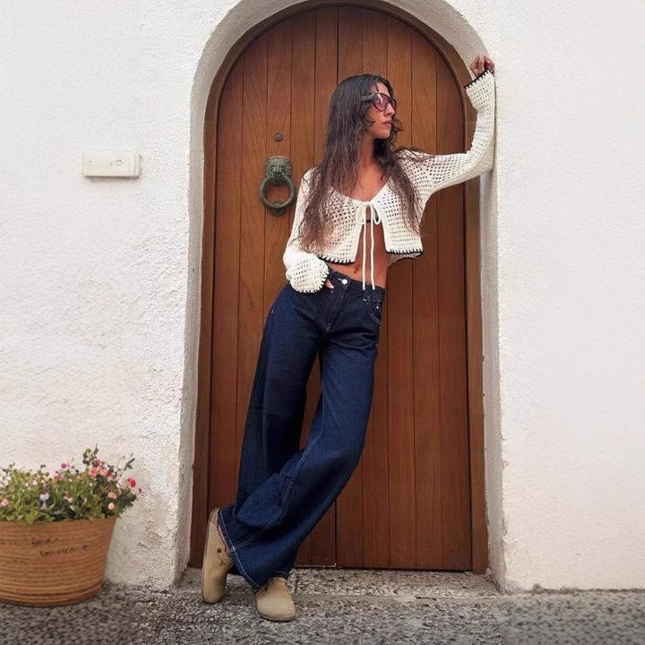 Damen ultraweite bodenlange Denim-Palazzohose mit cleanem Taschen-Schnitt und leichter Stretchwirkung Nord Taschen
