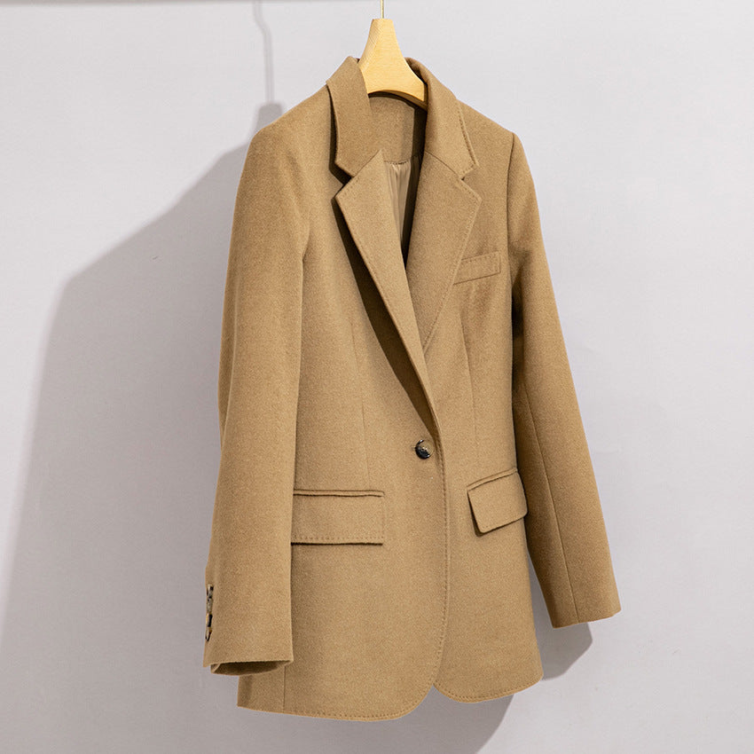 Damen Lang geschnittener Wollmix-Blazer mit Ein-Knopf-Verschluss und Pattentaschen Nord Taschen