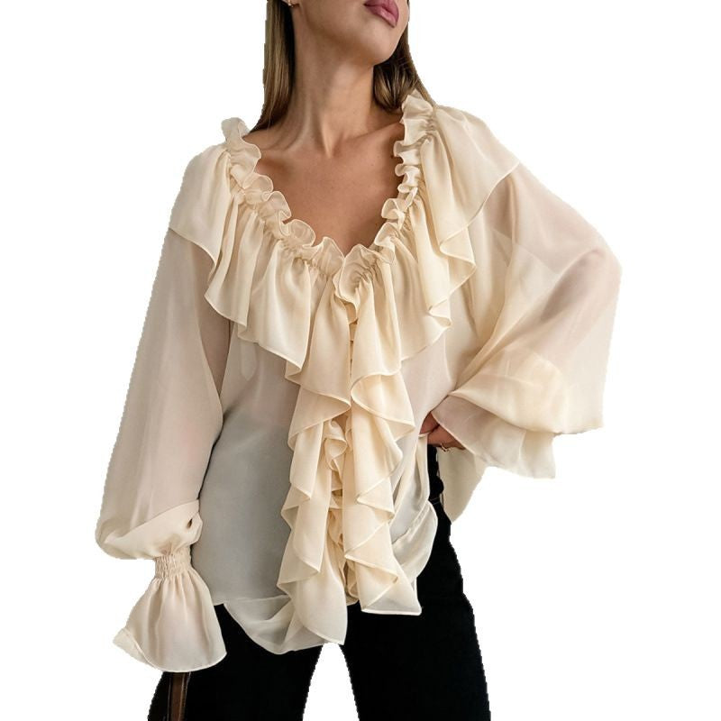 Damen Luftige Rüschenbluse aus Chiffon mit Oversize-Schnitten Nord Taschen