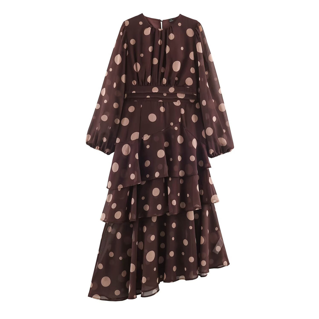 Damen Stufiges Chiffon‑Midikleid mit Volants, transparenten Ballonärmeln und Tupfenprint Nord Taschen