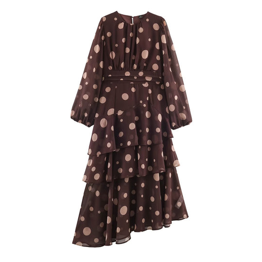 Damen Stufiges Chiffon‑Midikleid mit Volants, transparenten Ballonärmeln und Tupfenprint Nord Taschen