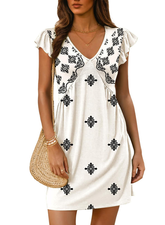 Damen luftiges sommerliches Kleid mit floralem Muster und V-Ausschnitt